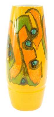 A Poole pottery Delphis pattern vase, of cylindrical form decorated with abstract patterns in orange, green and blue against a mustard yellow ground, printed marks, 40cm high.