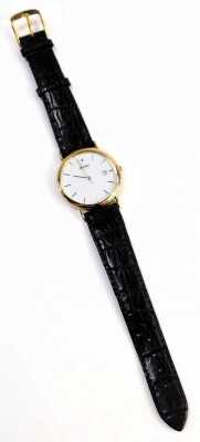 A Seiko gent's wristwatch, with white enamel dial, in a 9ct gold case, engraved MJF Service 1976-1997 Spirax-Sarco Limited, serial number 380803, 9ct gold with import marks, on a black leather strap, the dial 3cm wide. - 4