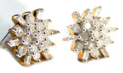 A pair of Coloured Rocks diamond cluster earrings, set with tiny diamonds and star outer points, in yellow metal stamped 9kt, on a single pin back with butterfly backs, 2.5g all in.