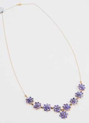 A Coloured Rocks necklace, formed as nine floral clusters, each set with pale purple stones, on a yellow metal chain stamped NC 10kt, the pendant section 7cm high, the necklace 50cm long overall, 6.8g all in, boxed. - 3