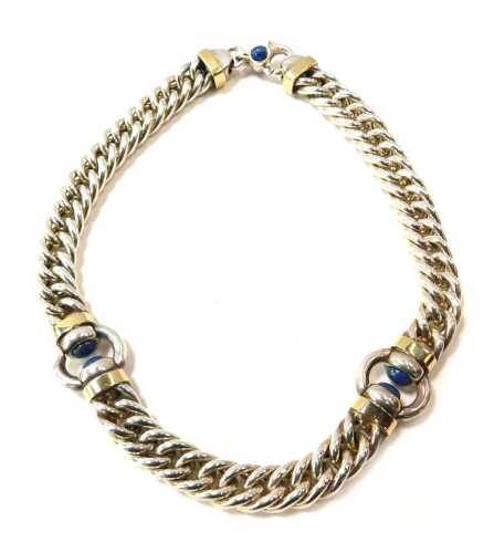 A Gucci belcher cross-link silver neck chain, with lapis and gold crossover bars, 134.5g all in, 42cm long.