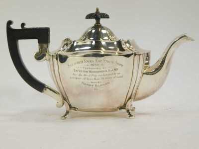 A silver plated three piece tea service, comprising teapot, milk jug and two handled sugar bowl, the teapot bearing presentation inscription for The Sleaford Xmas Fatstock Show 1930, presented by Sir Victor Warrender, Bart, MP, for the Best Pig Exhibited - 2