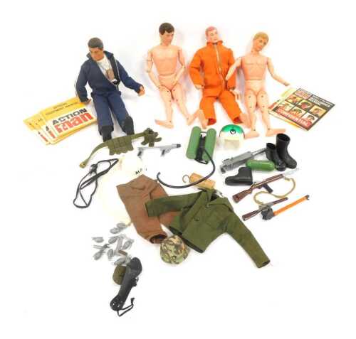 Four Palitoy Action Man dolls, together with various weapons, equipment manuals, etc.