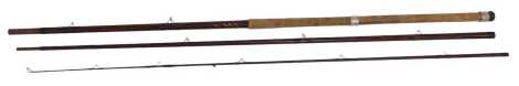 A J Clayton Boston Fenland three piece fishing rod, in a blue bag.