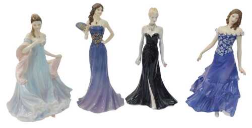 Four Royal Worcester porcelain figures, modelled as The Elizabeth Emanuel Black Gown, limited edition number 1414/7500, Summertime, limited edition number 330/7500, Amethyst A Jewel to Treasure, limited edition number 38/7500, and With All My Heart, limit