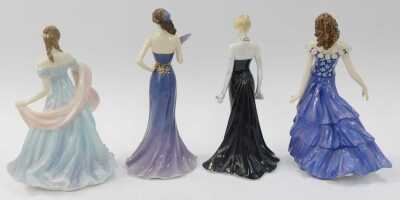 Four Royal Worcester porcelain figures, modelled as The Elizabeth Emanuel Black Gown, limited edition number 1414/7500, Summertime, limited edition number 330/7500, Amethyst A Jewel to Treasure, limited edition number 38/7500, and With All My Heart, limit - 2