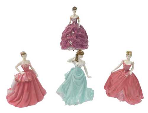 Four Coalport porcelain figures, modelled as Emma, limited edition number 4252/7500, With This Ring, limited edition number 1682/7500, The Jubilee Charity Ball Victoria, limited edition number 1908/7500, and Bella, limited edition number 489/4950.