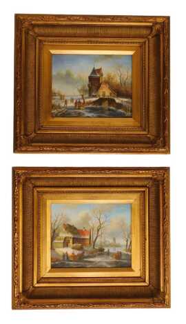 A. Hale (20thC School). Two winter scenes, each depicting figures before buildings, oil on board, signed, pair, 21cm x 25.5cm.