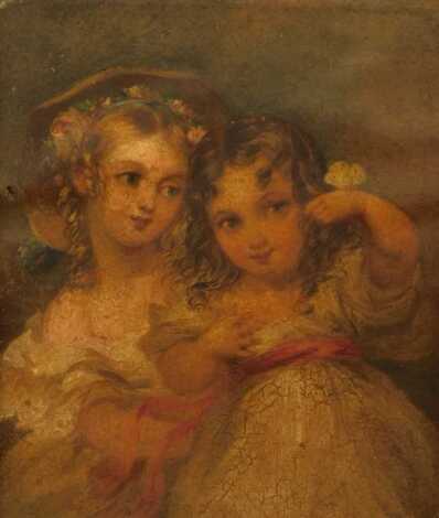 19thC School. Study of two girls, each wearing cream dresses, one wearing bonnet, oil on paper, 15.5cm x 13cm.