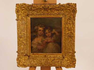 19thC School. Study of two girls, each wearing cream dresses, one wearing bonnet, oil on paper, 15.5cm x 13cm. - 2