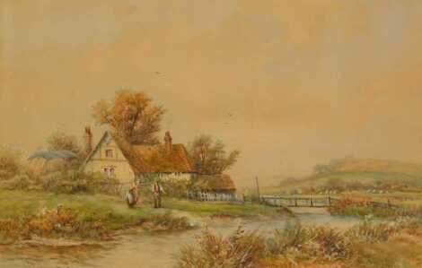 AD Bell (19th/20thC School). Figures beside river and cottage, watercolour, signed and dated 1905, 28cm x 41.5cm.