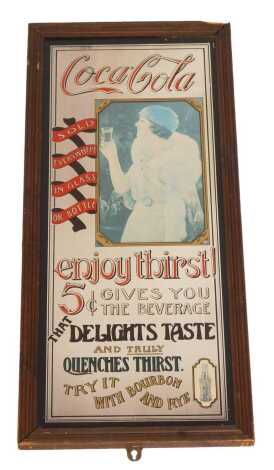 A Coca-Cola advertising mirror, bearing writing and picture of a lady in early 20thC dress holding a glass of Coca-Cola, 85cm x 35cm.