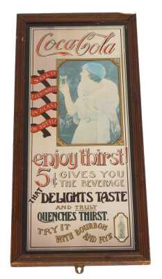 A Coca-Cola advertising mirror, bearing writing and picture of a lady in early 20thC dress holding a glass of Coca-Cola, 85cm x 35cm.