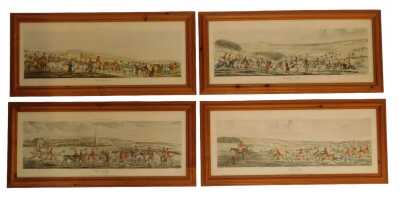 After Henry Thomas Alken (English, 1785-1851). Hunting related prints, comprising Breaking Cover Billesdon Coplow, The Death View of Kettleby, Full Cry Whisendine Pasture, and The Meeting Kirby Gate, prints, 21cm x 70cm.