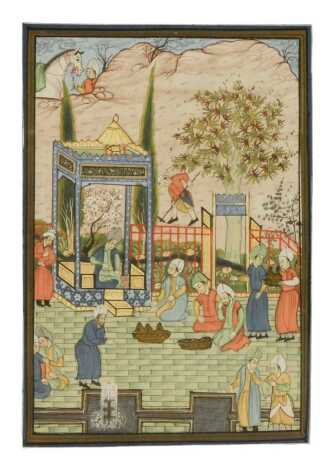 Indian School. Figures in an ornamental garden, watercolour, within a foliate border, 29cm x 21cm.