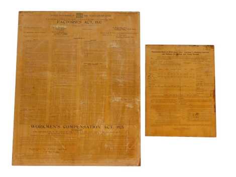 Two factory protocol posters, comprising Factories Act 1937, mounted on a wooden board, 86.5cm x 69cm, and Permissible Hours of Work at Statutory Intervals and Holidays, 51.5cm x 38.5cm.