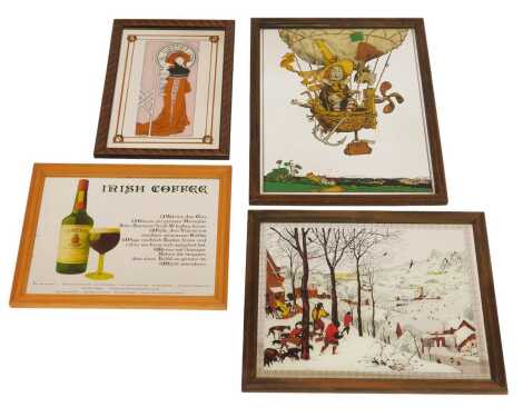 Four mirrors, one with a recipe for Irish coffee, 34cm x 44cm, figure in a hot air balloon, winter scene, and figure of a lady in early 20thC dress.