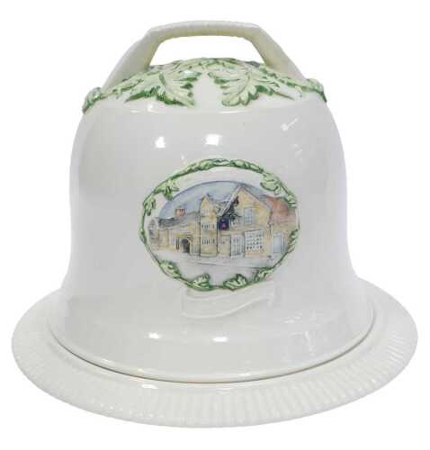 A Richard Landy pottery stilton dish and cover, the lid decorated in relief with flowers, the front with a hand painted depiction of The Bell Inn in Stilton, limited edition number 27, 26cm high.