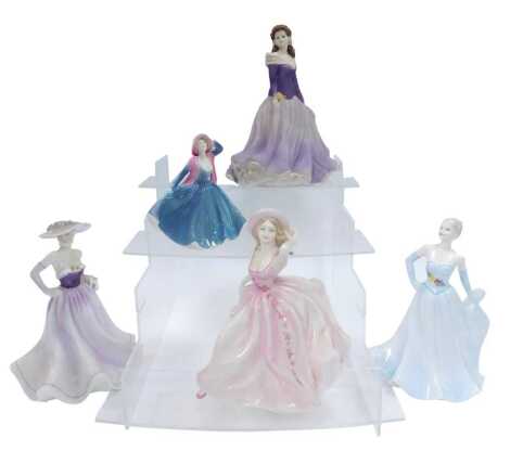 Five Coalport porcelain figures, modelled as Ladies of Fashion Demetria, Melody, Vicki, Honor, and a matt porcelain figure Age of Elegance Summer Love.