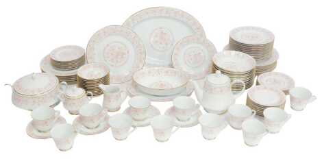 A Noritake porcelain tea and dinner service decorated in the Alicia pattern, to include a teapot, two-handled lidded tureen, oval serving dish, dinner plates, side plates, teacups and saucers, serving dishes, etc. (a quantity)