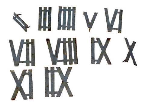 A group of blue painted cast metal numerals for a clock face, lacking number 1, each approx 17cm high.