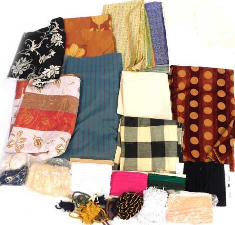 Haberdashery related items, to include various fabric offcuts, trimming, tassels, etc. (3 boxes)