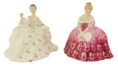 Two Royal Doulton porcelain figures, modelled as Victoria, HN2471, and My Love, HN2339.