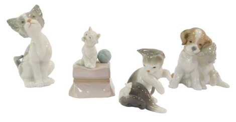 A group of Lladro porcelain animal figures, comprising puppy and cat huddled together, 12cm high, cat and mouse, 10cm high, cat, 16cm high, and a West Highland Terrier on a footstool, 13cm high. (4)