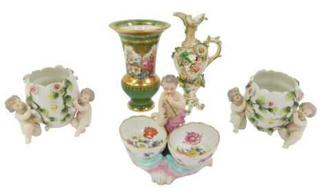 A group of 19thC and later Continental porcelain, to include a Coalport floral encrusted miniature ewer, 19cm high, a Dresden porcelain vase decorated with flowers against a green ground, gilt heightened, 17cm high, a Meissen porcelain two sectional salt 