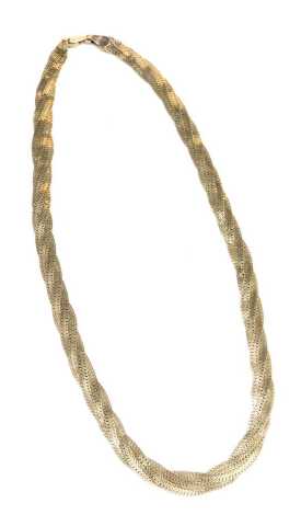 A three strand woven necklace, of crossover design, yellow metal stamped 9kt, 40cm long, 12g all in, boxed.