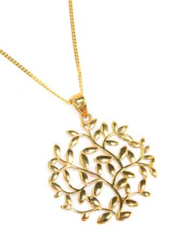 A Shipton and Co Fine Jewellery 9ct gold pendant and chain, the leaf design circular tree pendant, on a fine link chain with magnetic clasp, pendant 2.5cm wide, the chain 50cm long, 4.3g all in, boxed.