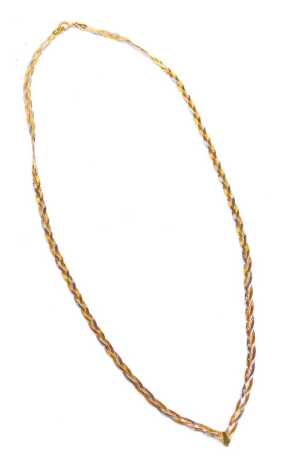 A 9ct gold tricolour necklace, with V point centre, 40cm long, 2.9g.