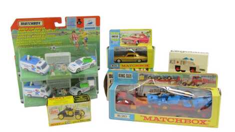 Various diecast, including a Matchbox tractor transporter K-20, Dinky Toys Gabriel Model T Ford 109, Britains dump truck, Matchbox Mercury Couger in gold, etc. (1 tray)