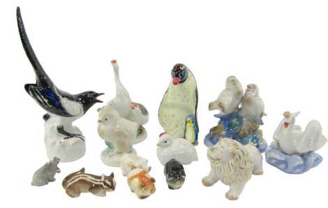 A group of Lomonosov and other porcelain, to include magpie, 25.5cm high, swans, pigs, geese, etc. (1 tray)