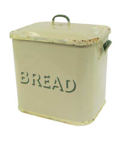 A cream enamel twin handled bread bin, with green lettering, 37cm high.