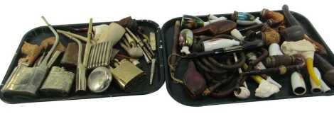 Smoking related items, to include pipes, Oriental style pipe and lighter, cigarette cases, Vesta case, etc. (2 trays)