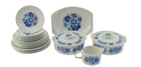 A J&G Studio Meakin part dinner service, decorated with purple and blue flowers against a white ground, to include two tureens and covers, dinner plates, side plates, etc. (a quantity)