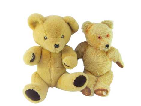 A mid century blonde jointed Teddy bear, with leather pads, 33cm high, together with a BHS blonde jointed Teddy bear, 39cm high.