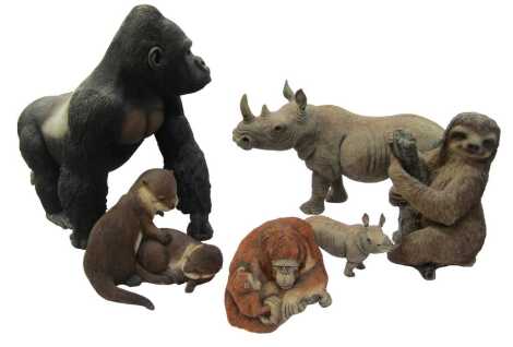 A group of resin animal sculptures, to include a Country Artists otter cub, Young and Adorable group, 2313, 17cm high, gorilla, 42cm high, rhino, 25cm high, and calf, etc. (a quantity)