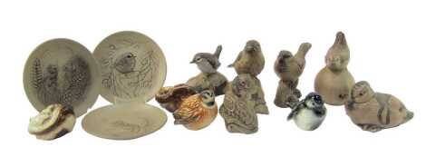 A group of Poole pottery animal figures, to include birds, mouse on corn, 9cm high, circular dishes, 13cm diameter, etc. (1 tray)