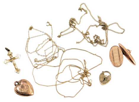 A group of 9ct gold and other scrap, comprising 9ct gold crucifix, heart shaped padlock, broken chains, a 9ct rolled gold heart locket, etc., marked 9ct, 6g.