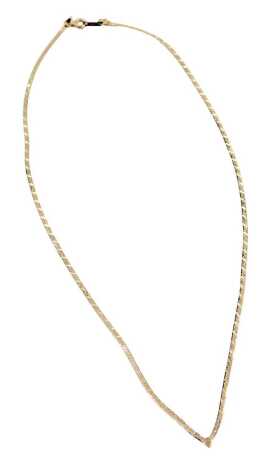 A 9ct gold necklace, on a bolt ring clasp, boxed, with V shaped front with hammered decoration, 40cm long, 1.7g.