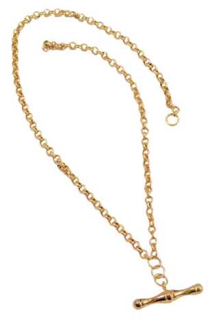 A curb link necklace, with barrel pendant, lacking clasp, yellow metal, unmarked, 36cm long, 3.4g. (AF)