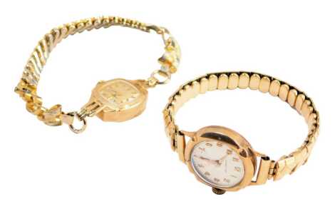 Two lady's wristwatches, comprising an Accurist 9ct gold cased wristwatch, on an expanding stainless steel strap, and a further 9ct gold cased wristwatch, on an expanding strap. (2)