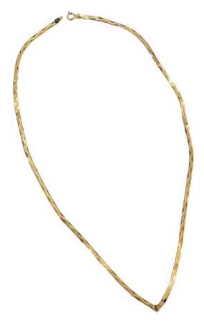 An articulated necklace, of flattened and etched design, yellow metal, stamped 375, 40cm long, 2.5g. (AF)