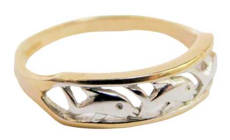 A 9ct gold bicolour dress ring, the half hoop design with three dolphins, in white gold, on a yellow metal band, ring size N, 1.6g.