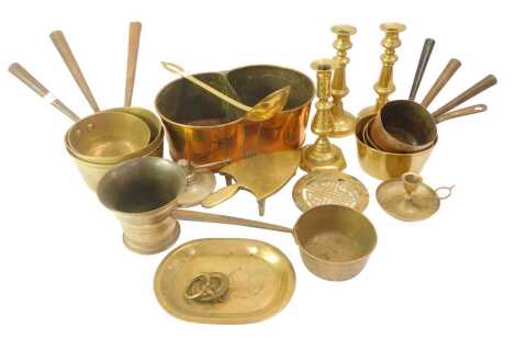 A group of brassware, to include candlesticks, pans, ladle, trivet, two sectional dish, etc. (1 box)