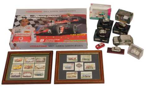 A Micro Scalextric set, for Vodafone McLaren Mercedes Lewis Hamilton, together with various Mini Cooper diecast and other vehicles, to include 2012 Olympics Great British Classics car, Eddie Stobart, framed cigarette cards, etc. (a quantity)