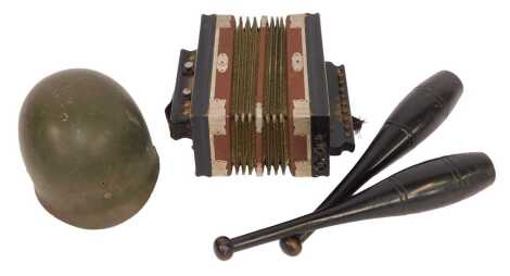 Miscellaneous items, to include a Tivoli accordion, World War II military helmet, and a pair of ebonised juggling batons.