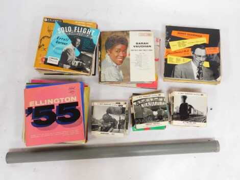 LP records, to include Sarah Vaughan, Buck Clayton, Ella Fitzgerald, Benny Goodman, together with various Argo Transacord recording 45rpms of locomotives, projector screen, etc. (2 boxes)